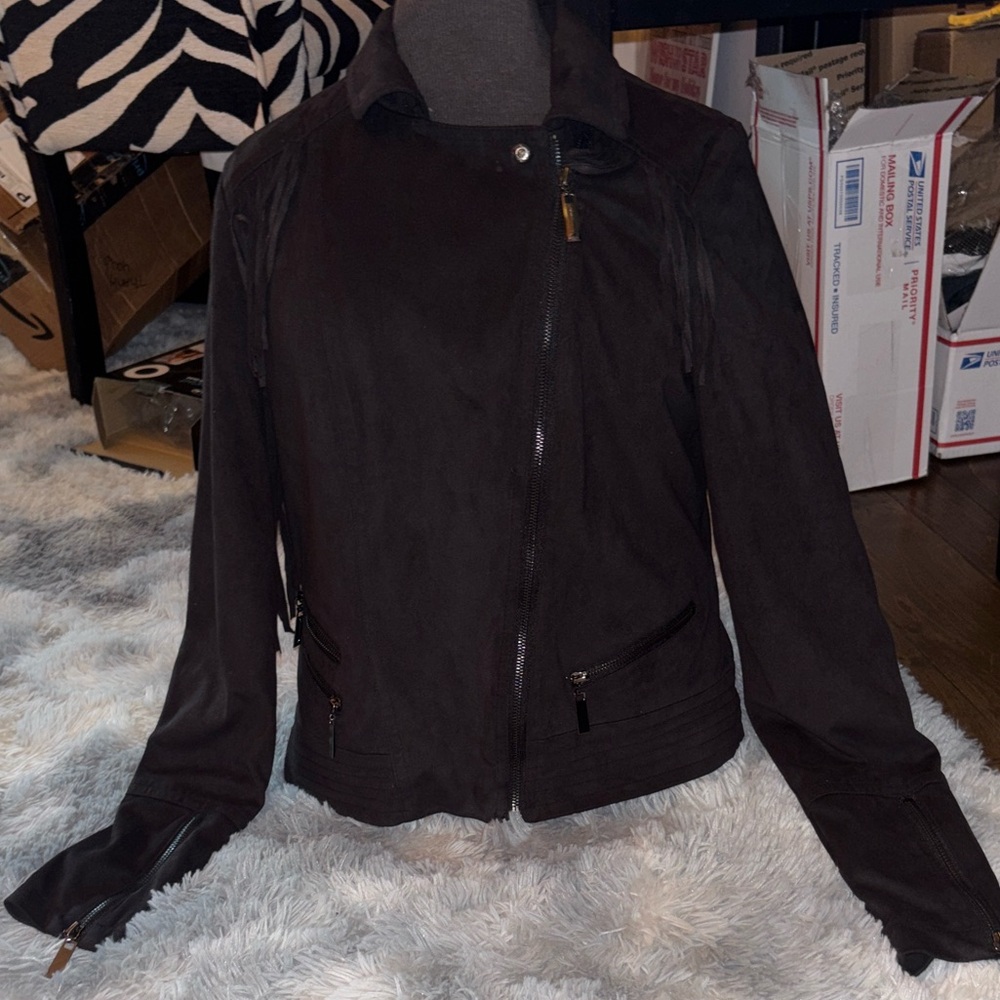 JouJou Faux Suede Western Fringe Moto Jacket Zippers Lined Black Ladies Medium